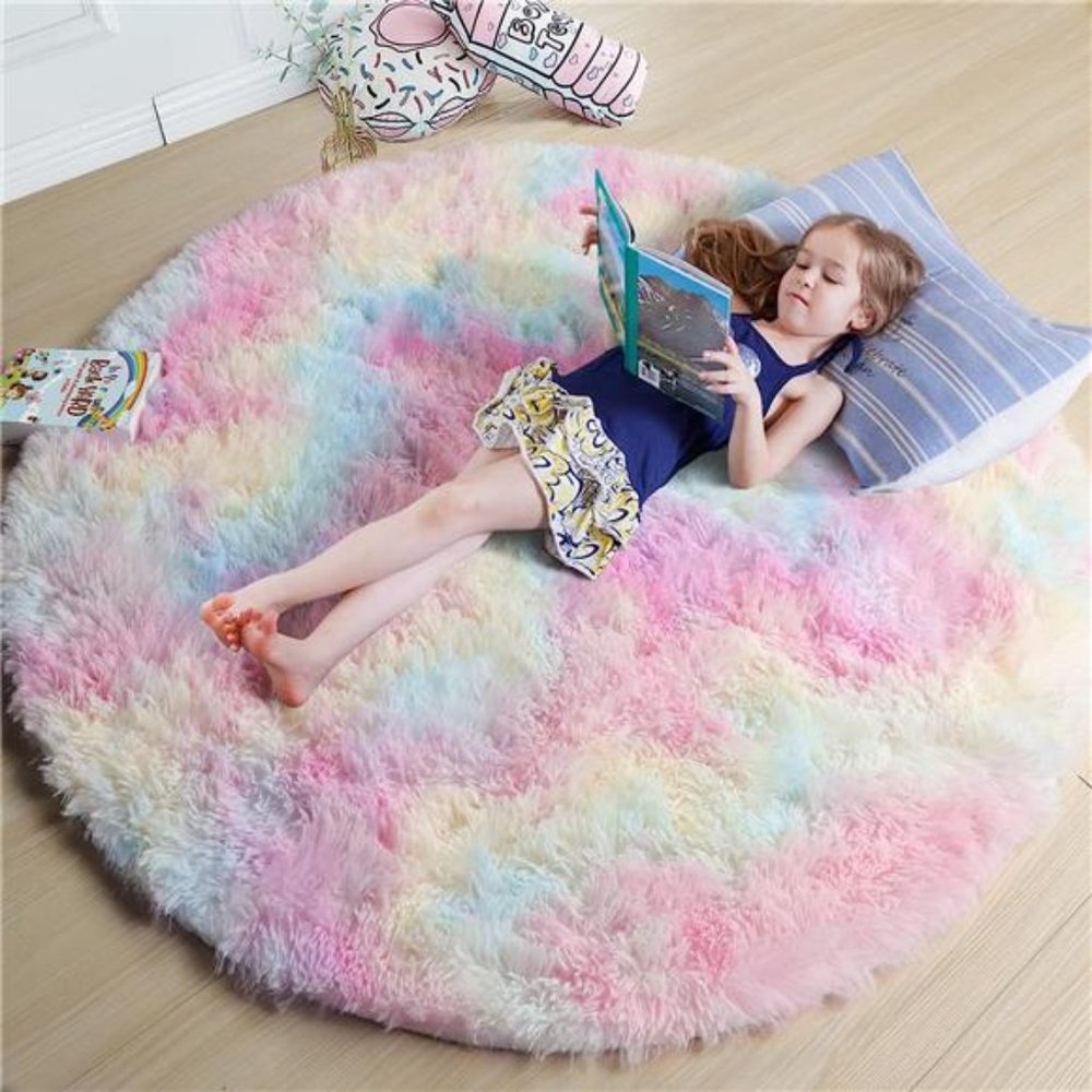 Rainbow Fluffy Rugs for Girls Bedroom 5ft,Unicorn Room Decor,Pastel Round Rug